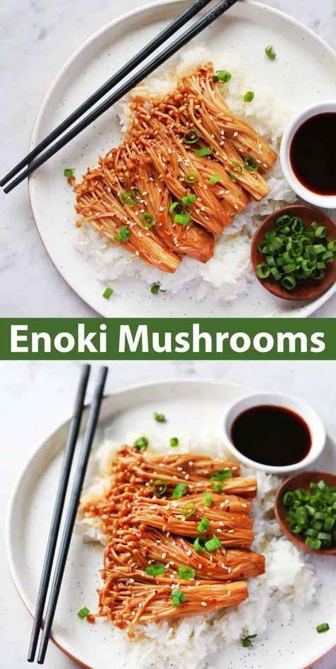 Enoki Mushrooms - A Beautiful Mess Mukbang Recipes, Gym Foods, Enoki Mushroom Recipe, Cooking Ramen, Asian Veggies, Mushroom Recipes Vegan, Asian Cuisine Recipes, Enoki Mushrooms, Yummy Food To Make