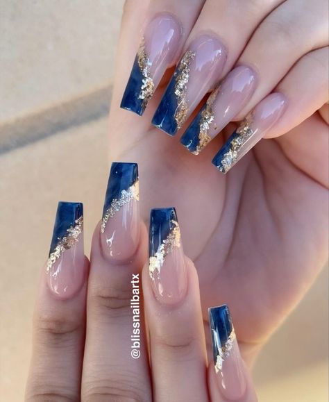 Grad Nails Acrylic Blue, Wedding Nails Blue And Gold, Nail Art Blue And Gold, Blue And Gold Square Nails, Royal Blue Nails With Gold Flakes, Nail Ideas Navy Blue And Gold, Blue N Gold Nails, Blue Gold Nails Ideas, Birthday Nails Coffin Blue