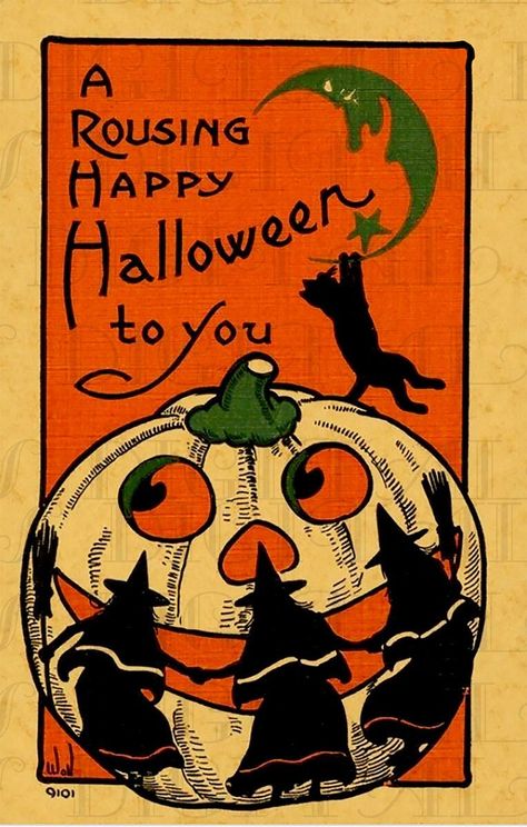 "I love the circle of witches around the huge Jack O' Lantern! Super vintage Halloween postcard! Actual image size  4.457\" width x 7\" height  We are now showcasing our rare and fabtastic Halloween goodies. I have collected Halloween for 2 decades, mostly paper illustrations, and am finally sharing these spectacular illustrations for those who want to relive, or recreate the golden days when Halloween was allowed to be scary, but fun, and when parties were held by adults in fantastic costumes. We have: bridge tallies, magazine covers and interior illustrations; paper games, diecut decorations, sheet music, postcards, greeting cards, children's books, creepy book jackets, Dennison Bogie books, ads, and more! Stop by often, each day will bring new images! You are purchasing an incredibly sh Circle Of Witches, Vintage Halloween Illustration, Vintage Halloween Images, Carte Halloween, Vintage Witch, Halloween Goodies, Vintage Halloween Decorations, Paper Illustration, Halloween Illustration