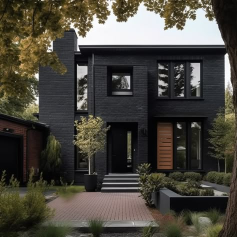 Modern Black Brick House, Black Brick Building, Black Brick And Cedar House Exterior, Black Brick On House, Black House Facade, Black Modern Exterior House, Black House Black Fence, Brick With Black Siding, Black Townhouse