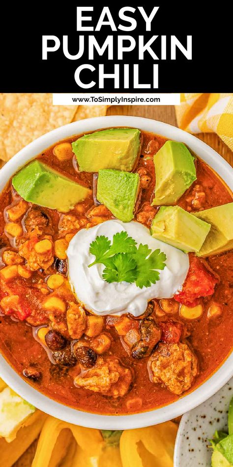 This hearty 30-minute pumpkin chili recipe is made with pure pumpkin, ground turkey, bell peppers, tomatoes, black beans and corn, simmered in a beautifully seasoned broth. Make this comforting chili for your next cozy fall meal! Ground Turkey Bell Peppers, Turkey Bell Peppers, Pumpkin Chicken Chili, Black Beans And Corn, Kid Friendly Meals Dinner, Turkey Pumpkin Chili, Pumpkin Chili Recipe, Beans And Corn, Fall Meal