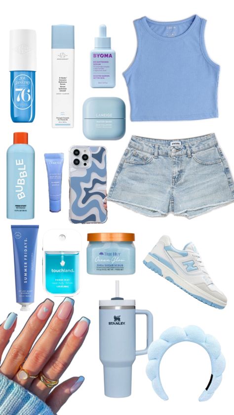 #preppy #aesthetic #blue Preppy Outfits Blue, Izzie Core, Blue Girly Aesthetic, Blue Aesthetic Clothes, Stitch Preppy, Blue Preppy Room, Blue Preppy Outfit, Preppy Aesthetic Outfits, Blue Collage