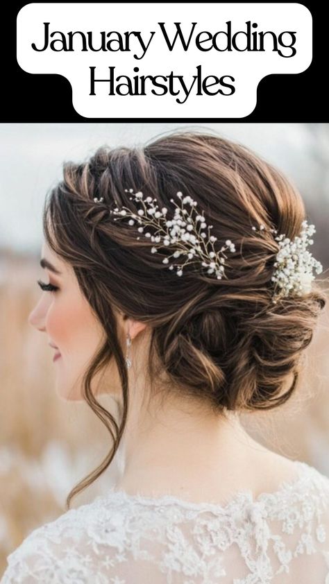 Bride with elegant January wedding hairstyle featuring a chic updo adorned with delicate winter accents. Winter Wedding Bride Hair, Winter Bridal Hairstyles, Winter Bride Hair, Chic Hair Accessories, Romantic Waves, Timeless Hairstyles, Winter Wedding Hair, Low Buns, Wedding Hairstyle Ideas