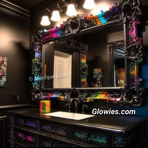 Colourful Gothic Decor, Rainbow Goth Bedroom, Blacklight Bathroom, Goth Living Room Decor, Spooky Cottagecore, Gothic Bathroom Ideas, Rainbow Goth, Goth Rainbow, Rainbow Furniture