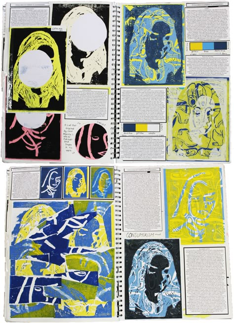 Graphic Design A Level Sketchbook Ideas, Gcse Experimentation Page, Gcse Art Sketchbook Experimentation, Sketchbook Experimentation, Printmaking Sketchbook, Monoprint Portrait, A Level Graphics Sketchbook, Alevel Graphics Sketchbook, Gcse Art Lino Print