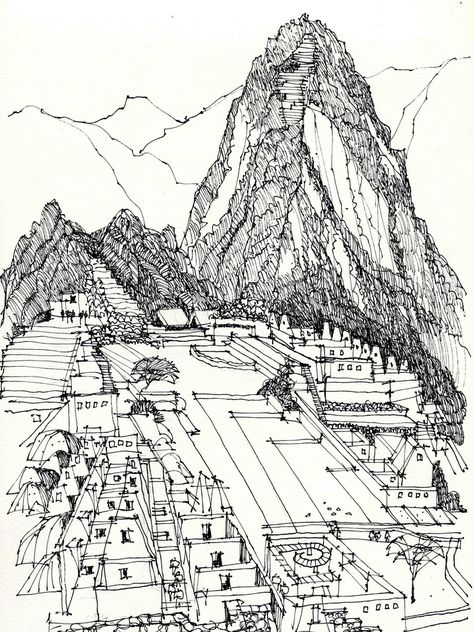 Arguably the most stunning cultural site in the western hemisphere--all the superlatives you've heard are true.  I spent the better part of the day being introduced to the site by our tour guide, then climbed back up to this vantage point in the afternoon for the sketch.  I'll add color shortly. James Richards, Machu Picchu Peru, Art Drawings Sketches Pencil, Watercolor Projects, Art Painting Gallery, Peru Travel, Urban Sketchers, Landscape Drawings, Urban Sketching