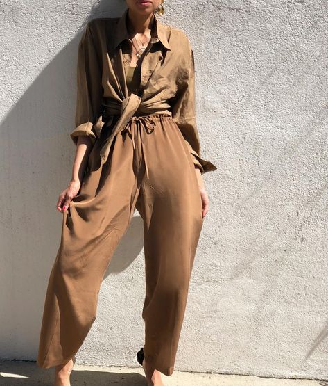 403 Likes, 5 Comments - Elia Vintage (@eliavintage) on Instagram: “100% silk drawstring light cognac pants. Fits s-l $68 PANTS SOLD 100% silk light brown button…” Cognac Pants, The Curated Closet, Blouse Fits, Button Down Blouse, Cognac, Light Brown, The 100, Jumpsuit, Fashion Outfits