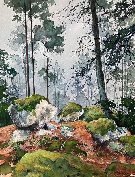 Magical Landscape Painting, Nymph Painting, Watercolor Moss, Moss Painting, Moody Watercolor, Watercolour Forest, Forest Nymph, Dug Up, Watercolor Lessons