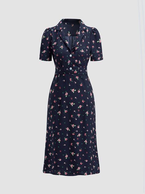 Floral Lapel, Elegant Midi Dress, Ditsy Floral Dress, Elegant Midi Dresses, Daytime Dresses, Vestidos Vintage, Simple Trendy Outfits, Modest Fashion Outfits, Kurta Designs