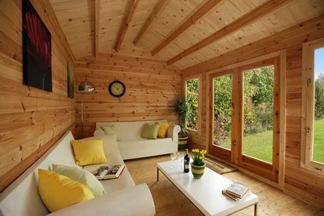 Summerhouse Interiors Ideas, Log Cabin Interior Ideas, Garden Log Cabin, Residential Log Cabins, Garden Room Interiors, Log Home Interior, Summer House Interiors, Garden Log Cabins, Cabin Interior Design