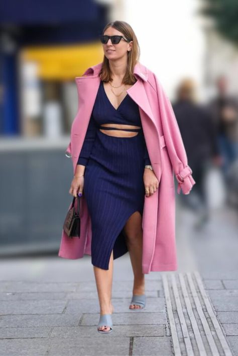 Are you staring at your closet, wondering what colors go with navy clothes? Do you find yourself asking, "What matches… Pink And Navy Blue Outfit, Navy Outfits For Women, Navy Coat Outfit, Hot Pink Accessories, Mustard Scarf, Navy Blue Outfit, Navy Coat, Navy Skirt, Cozy Fall Outfits