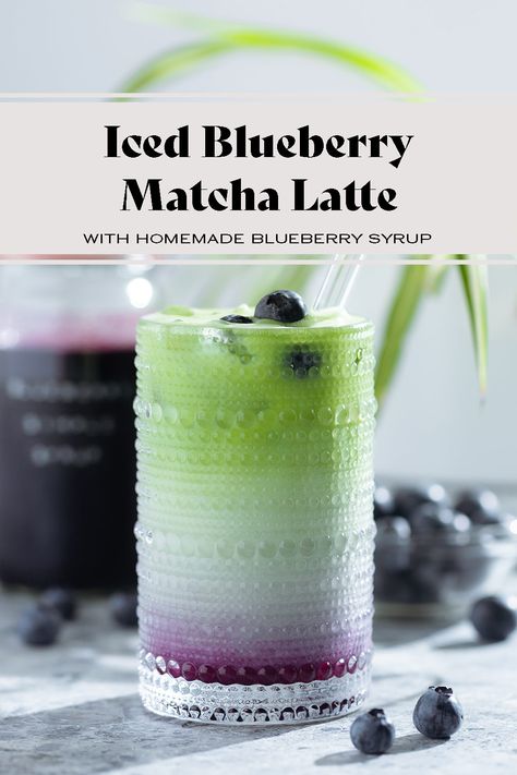 This Iced Blueberry Matcha Latte is sweetened with homemade blueberry syrup, it's creamy, refreshing, and the perfect drink to start your morning with. You'll be amazed at how easy the syrup is to make! All you need are 3 ingredients and 30 minutes. Blueberry Matcha Latte, Matcha Waffles, Blueberry Matcha, Homemade Blueberry Syrup, Blueberry Margarita, Matcha Drinks, Chai Spice Mix, Lemon Pancakes, Puff Pastry Tart