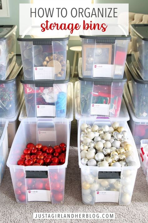 Attic Storage Organization, Organized Christmas Decorations, Abby Lawson, Christmas Decoration Storage, Storage Bins Organization, Holiday Organization, Holiday Storage, Christmas Organization, Organization Printables