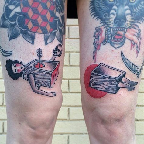 Witty split tattoo by Isaac Bushkin. Tattoo Nightmares, Circus Tattoo, Traditional Tattoo Inspiration, Traditional Tattoo Sleeve, Magic Tattoo, Facial Tattoos, American Tattoos, Bad Tattoos, Traditional Tattoo Art