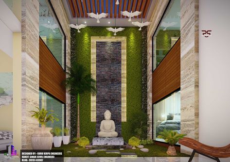 lobby double height interior design with natural look and meditation silent area. Lobby Double Height, Porch Wall Design, Utility Balcony, Lobby Wall Design, Double Height Lobby, Courtyard Wall, Green Wall Design, Compound Wall Design, Feature Wall Design