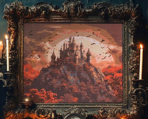 Cross Stitch Full Coverage, Dark Cross Stitch, Dracula's Castle, Diamond Dotz, Stitch Halloween, Gothic Cross, Gothic Crosses, Cross Stitch Chart, Embroidery Floss