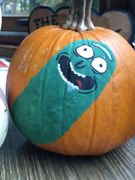 Pickle Rick #picklerick #rickandmorty #pumpkins #halloween #pumpkinpainting  #pumpkinart Pickle Rick Pumpkin, Funny Pumpkin Carvings, Pumpkin Paintings, Pumpkin Idea, Pumpkin Patterns, Pickle Rick, Pumpkin Contest, Pumpkin Carvings, Get Schwifty