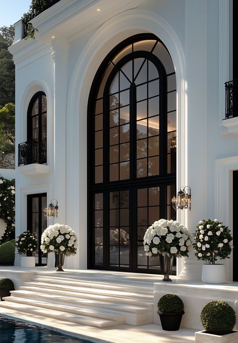 French Georgian Home Exterior, Modern French Inspired Home, Beautiful Homes Exterior Modern Luxury, Medium Home Exterior, Old Money Modern House, New Classic Architecture Villa, Classic House Exterior Luxury, Black And White Mansion, Modern Chateau House