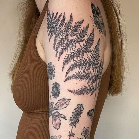 Big Fern Tattoo, Botanical Fern Tattoo, Fern Elbow Tattoo, Foliage Shoulder Tattoo, Upper Arm Fern Tattoo, Botanical Gap Filler Tattoo, Half Sleeve Nature Tattoos For Women, Botanical Rib Tattoo, Fern Shoulder Cap Tattoo