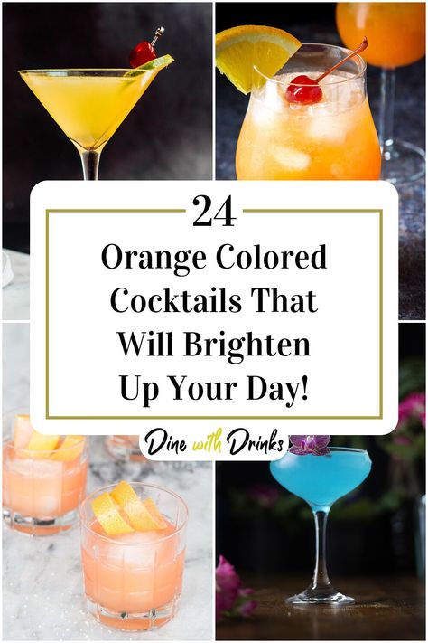 Collage of 4 orange colored cocktails. Orange Color Drinks Alcohol, Orange Mixed Drinks, Orange Colored Cocktail Recipes, Orange Liquor Drinks Cocktails, Orange Themed Cocktails, Easter Cocktails, Orange Drinks, Orange Cocktails, Party Drinks Alcohol