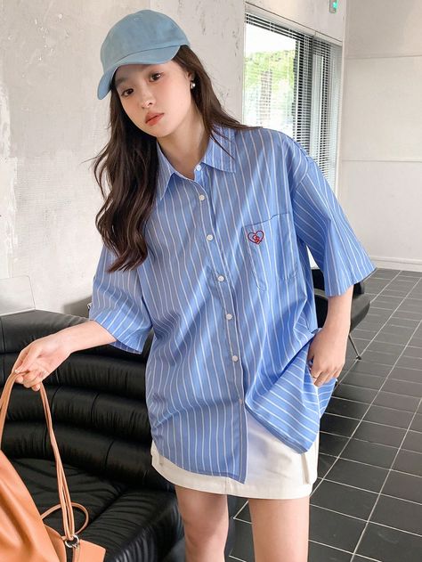 Women's Loose Striped Embroidered Short-Sleeved Turn-Down Collar Shirt Blue Casual  Short Sleeve Polyester Striped Shirt Non-Stretch Summer Women Clothing, size features are:Bust: ,Length: ,Sleeve Length: Casual Striped Collared Short Sleeve Shirt, Blue Casual Collared Short Sleeve Shirt, Striped Cotton Collared Short Sleeve Shirt, Casual Striped Short Sleeve Button-up Shirt, Casual Short Sleeve T-shirt With Striped Collar, Short Sleeve Shirt Outfit, Outfit Korean, Embroidered Shorts, Collar Shirts