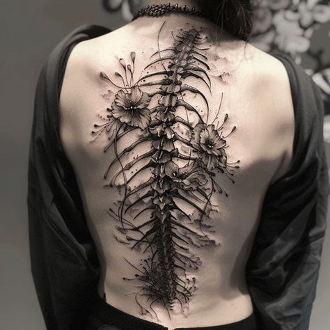 Spine Tattoos For Women Tattoo Design Set Spine With Flowers Tattoo, Shatter Tattoo Ideas, Gothic Tattoo Patchwork, Anatomical Spine Tattoos, Spine Tree Tattoo, Gothic Spine Tattoos For Women, Dark Back Tattoos Women, Cyberpunk Spine Tattoo, Back Tattoos Women Spine