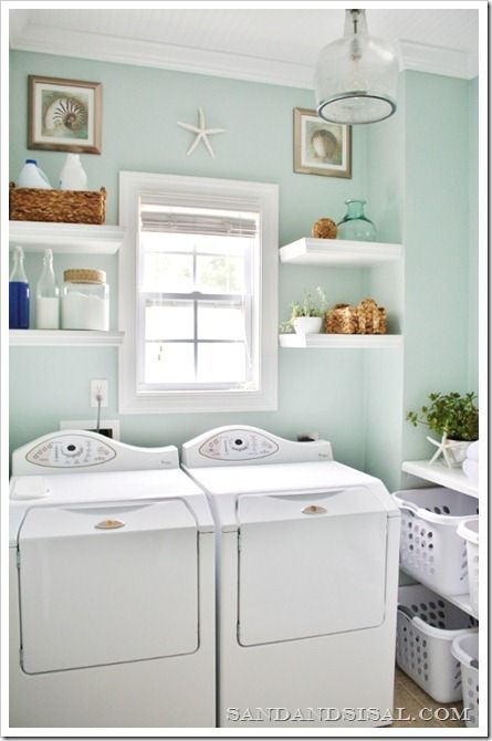 "rainwashed" by sherwin williams.  the whole laundry room is great. Homestead Laundry, Rainwashed Sherwin Williams, Laundry Makeover, Office Organizing, Home Laundry Room, House Of Turquoise, Laundry Room Inspiration, Home Laundry, Casa Vintage