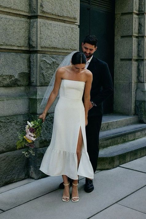 Satin Rehearsal Dinner Dress, 2nd Look Wedding Dress, Bridal Event Dresses, Midi Wedding Dresses, Different Types Of Wedding Dresses, Mid Length Wedding Dress, Wedding Dresses Long Sleeve, Midi Wedding Dress, Simple Bride