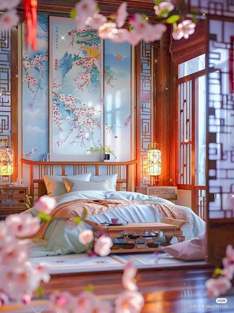 Chinese Room Aesthetic, Chinese Bedroom Ideas, Ancient Chinese Room, Chinese Palace Interior, Fantasy Bedrooms, Chinese Architecture Traditional, Japan Bedroom, Chinese Apartment, Vintage Shanghai