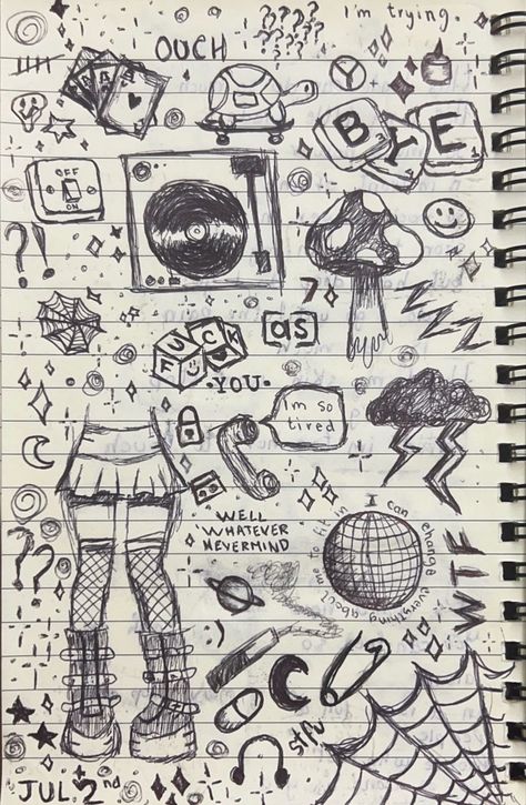 Punk Doodles Easy, Grunge Doodles Journals, Emo Things To Draw, Grunge Drawing Ideas Doodles, Grunge Sketchbook Doodles, Alt Doodles, Notebook Drawings Doodles, Ivy Drawing, Full Page Drawings