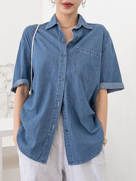 Medium Wash Casual  Half Sleeve Denim Plain Shirt  Non-Stretch  Women Denim Half Sleeve Shirts Women, Denim Blouse Women, Half Shirt, Half Sleeve Shirt, Half Shirts, Womens Denim Shirt, Half Sleeve Shirts, Classy Dress Outfits, Plain Shirt