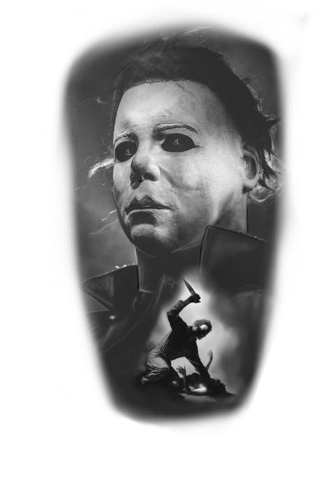 Dark Sleeve Tattoos For Guys, Michael Myers Artwork, Michael Myers Tattoo Stencil, Michael Meyers Tattoos, Jason Voorhees Tattoo Designs, Michael Myers Tattoo Design, Michael Myers Tattoos, Horror Tattoo Design, Michael Myers Tattoo