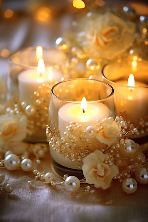 Exquisite white wedding candles embellished with pearls and delicate blooms Candle Light Photography, Candle Embellishments, Sprinkle Votive Candles, Pearl Candle, Candle Arrangements, Creative Wedding Gifts, Decorated Bottle, Candle Wedding, Religious Crafts