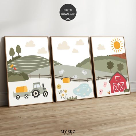 Farm Bedroom Ideas For Boys, Farm Boy Nursery, Farm Animal Mural, Baby Farm Animals Nursery, Farm Boy Room, Toddler Boy Room Themes, Farm Themed Nursery, Tractor Nursery, Tractor Print