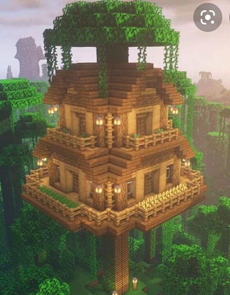 Minecraft Tree House Tutorial, Tree House Ideas Minecraft, Mc Tree House, Minecraft Tree Village, Minecraft Tree House Ideas, Tree House Minecraft, Minecraft Jungle House, Chalet Minecraft, Minecraft Treehouses