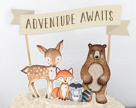 Digital Art and Party Decorations by HaleyMadisonDesign on Etsy Woodland Centerpiece, Woodland Cake Topper, Adventure Awaits Sign, Animal Theme Birthday, Woodland Baby Shower Decorations, Woodland Cake, Dog Cake Topper, 1st Birthday Party Decorations, Printable Party Decorations