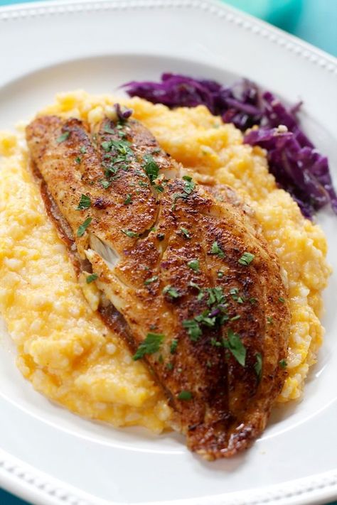 Savory Sweet Potato Grits goes well at any gathering, especially great with seafood for a healthy fish and grits. #grits #sweetpotato #spinachtiger #sidedish Fish And Grits, Fried Snapper, Recipes Fish, Cheesy Grits, Grits Recipe, Red Snapper, Healthy Fish, Super Model, Spinach Recipes