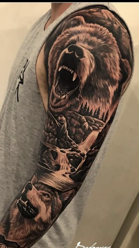 Bear Upper Arm Tattoo, Nature Animal Sleeve Tattoo, Bear Tattoo Sleeve Women, Wolf Tattoos Men Sleeve, Bear Family Tattoo For Men, Bear Shoulder Tattoo Men, Bear Half Sleeve Tattoo, Bear Sleeve Tattoo Men, Animal Sleeve Tattoo Men