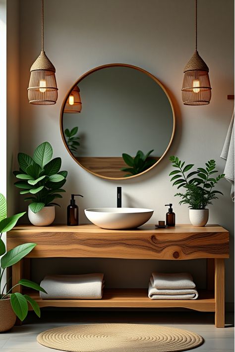 Biophilic bathroom design with rattan lights and plant life Lighting Bathroom Ideas, Bathroom Furniture Ideas, Vanity Lighting Ideas, Bathroom Candles Decor, Biophilic Interior, Console Table Decor, Modern Bathroom Vanity Lighting, Rattan Wood, Rest Room