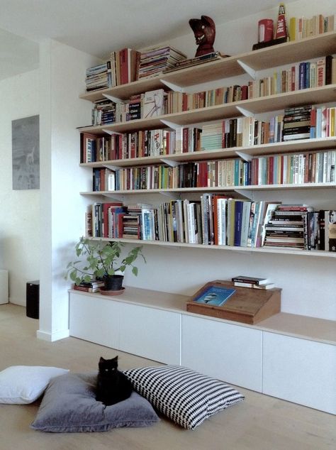 Bookshelf Wall Apartment, Shelf Wall Over Bed, Floating Shelves With Desk, Boaxel Ikea Bookshelf, Bookshelves Diy Living Room, Elfa Bookshelves, Book Cases Ideas, Bookshelf In Wall, Whole Wall Bookshelves