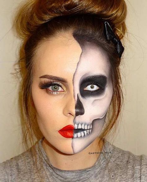 Half-Faced Skeleton Makeup                                                                                                                                                                                 More Half Skeleton Face, Skeleton Makeup Ideas, Halloween Skeleton Makeup, Pelottava Halloween, Make Up Diy, Makeup Clown, Halloweenský Makeup, Halloween Make-up Looks, Skeleton Face