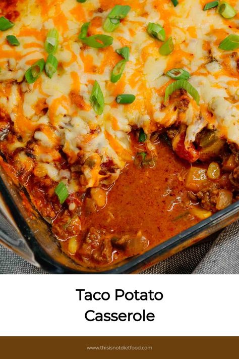 Taco Potato Casserole is a hearty dinner loaded with cubed russet potatoes, ground beef, onions, green bell peppers, Rotel diced tomatoes, salsa, taco seasoning, cheddar soup and shredded cheese. Taco Potatoes Casserole, Taco Potato Casserole, Taco Potatoes, Potatoes Ground Beef, Easy Ground Beef Casseroles, Mexican Ground Beef, Ground Beef And Broccoli, Potatoes Casserole, Ground Beef Casserole Recipes