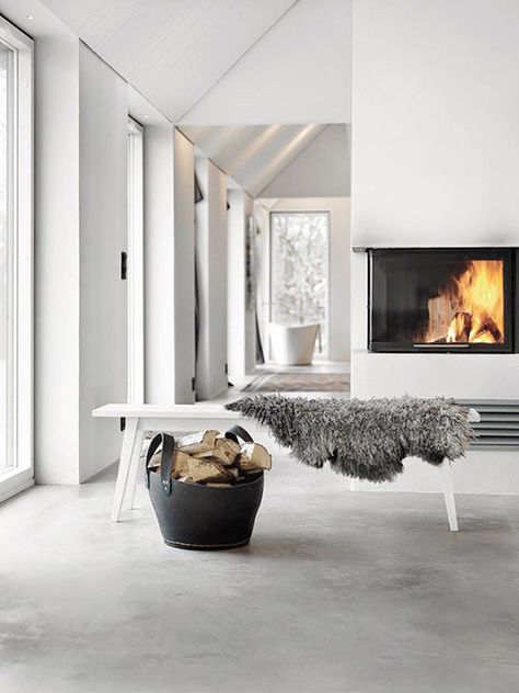 Scandinavian interior with concrete floor. Torkelson via Femina Scandinavian Fireplace, Design Camino, Concrete Interiors, Swedish Decor, Fireplace Ideas, Home Fireplace, Fireplace Design, Scandinavian Interior, Concrete Floors