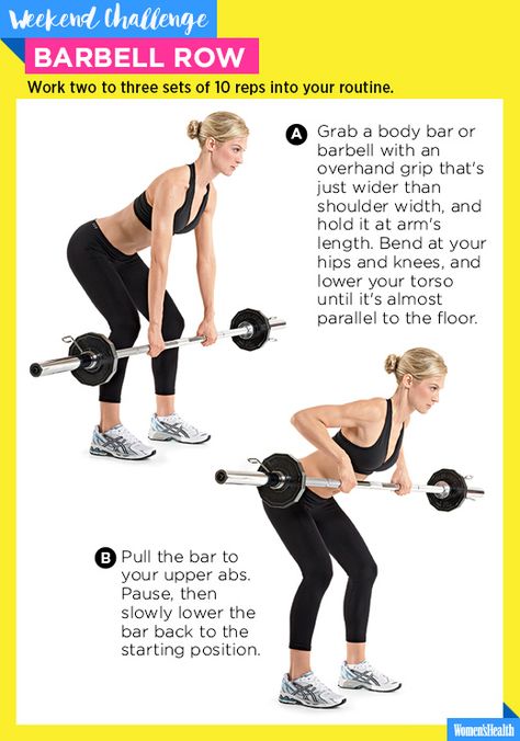 The One Move You Need for a Bangin' Upper Back  http://www.womenshealthmag.com/fitness/barbell-row-weekend-challenge Barbell Workout For Women, Traps Workout, Fitness Studio Training, Barbell Row, Arm Workout Women, Barbell Workout, Workout Music, Strength Training Workouts, Fitness Challenge