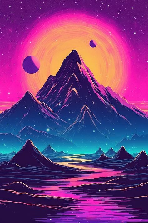 Futuristic Painting, Neon Mountain, Retrowave Art, Neon Landscape, Futuristic Landscape, Waves Wallpaper Iphone, Synthwave Art, Mid Century Modern Christmas, Landscape Inspiration