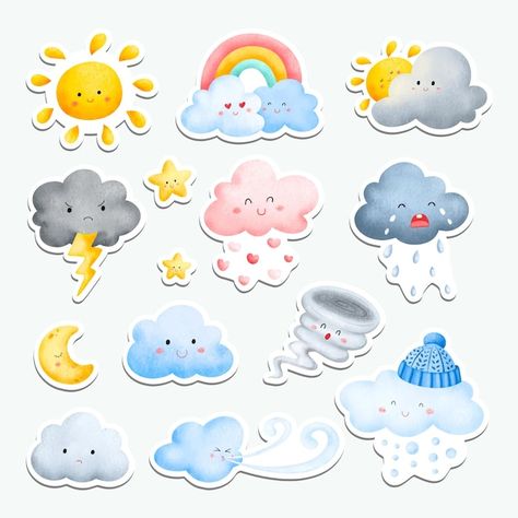 Weather For Kids, Rainbow Mobile, Weather Symbols, Cloud Illustration, Cute Cloud, Cloud Stickers, Preschool Activities Toddler, Cloud Vector, Watercolor Cute