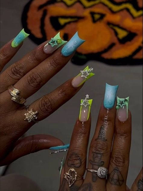 Acrylic Nails Without Rhinestones, Colorful Baddie Nails, Aura Duck Nails, Extra Nail Ideas, Medium Junk Nails, Long Colorful Nails, Freaknik Nails, Pink Freestyle Nails, Freaknik Ideas