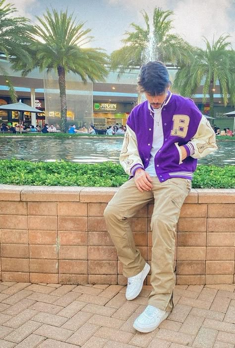 Purple Varsity Jacket Outfit Mens, Purple Jacket Outfit Men, Violet Jacket Outfit, Purple Varsity Jacket Outfit, Puffer Jacket Styling, Varsity Jacket Outfit Mens, Purple Jacket Outfit, Outfits Masculine, Cute Guy Outfits