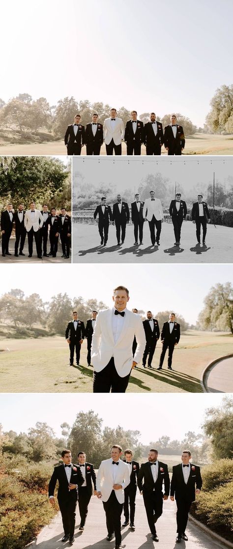 White Suit And White Wedding Dress, Black And White Groom Suit, Black Tie Engagement Photos, White Groomsmen Suits, Pictures Of Groom, Groom Tux Ideas, Groom White Jacket, Black And White Groomsmen Attire, Bride And Groomsmen Pictures