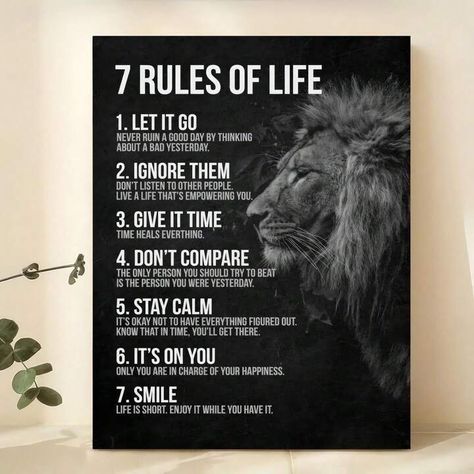 Rules For Life, 7 Rules Of Life, Fall Decor Wall, Lion Canvas Art, Bedroom Decor Wall Art, Minimalist Dekor, Rules Of Life, Inspirational Canvas Art, Images D'art